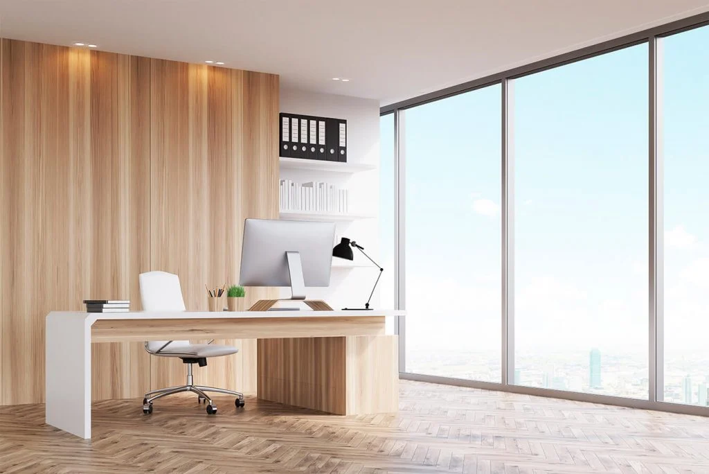 Bright contemporary office with a wooden desk